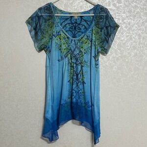 One World Blue Green Floral Tunic‎ Top Embellished Sheer Shirt Boho Fairy Sz M